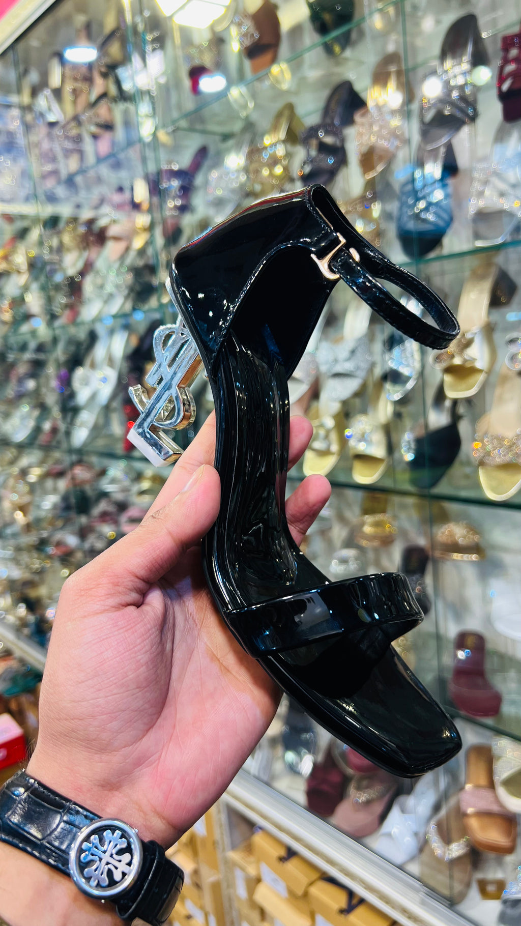 Luxe Monogram Sculptural Heel Sandals in Glossy Black - CS101