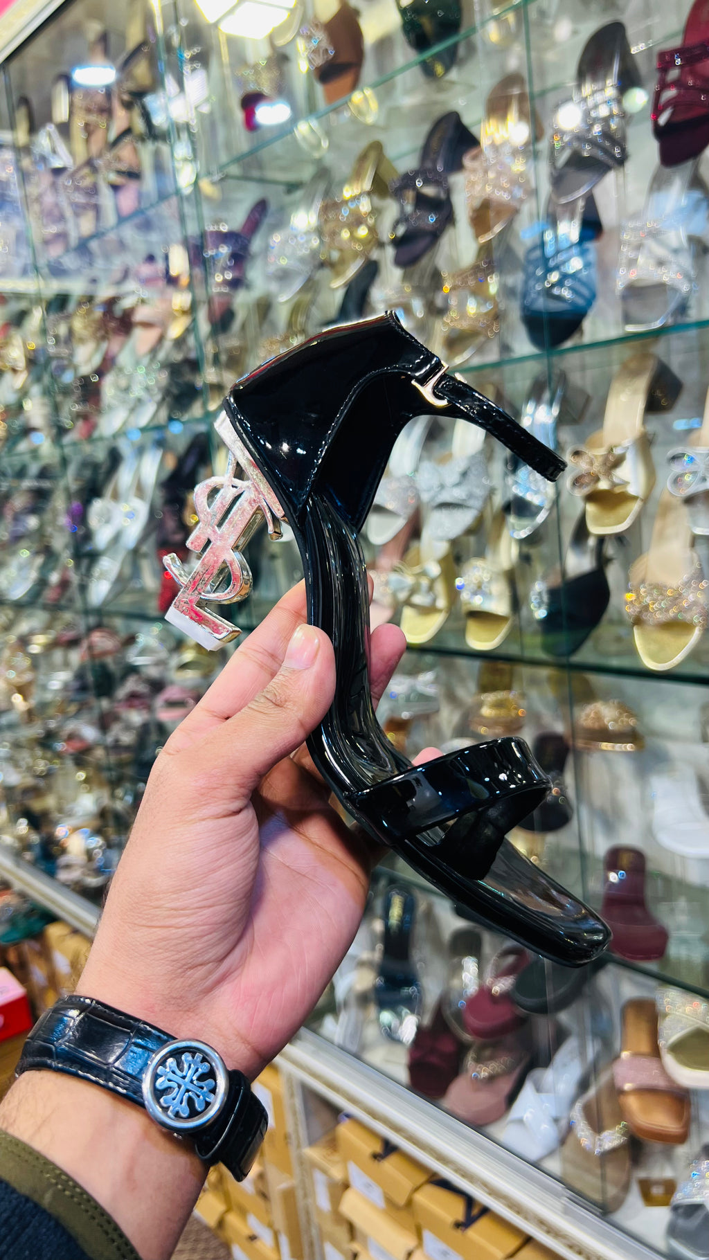 Luxe Monogram Sculptural Heel Sandals in Glossy Black - CS101