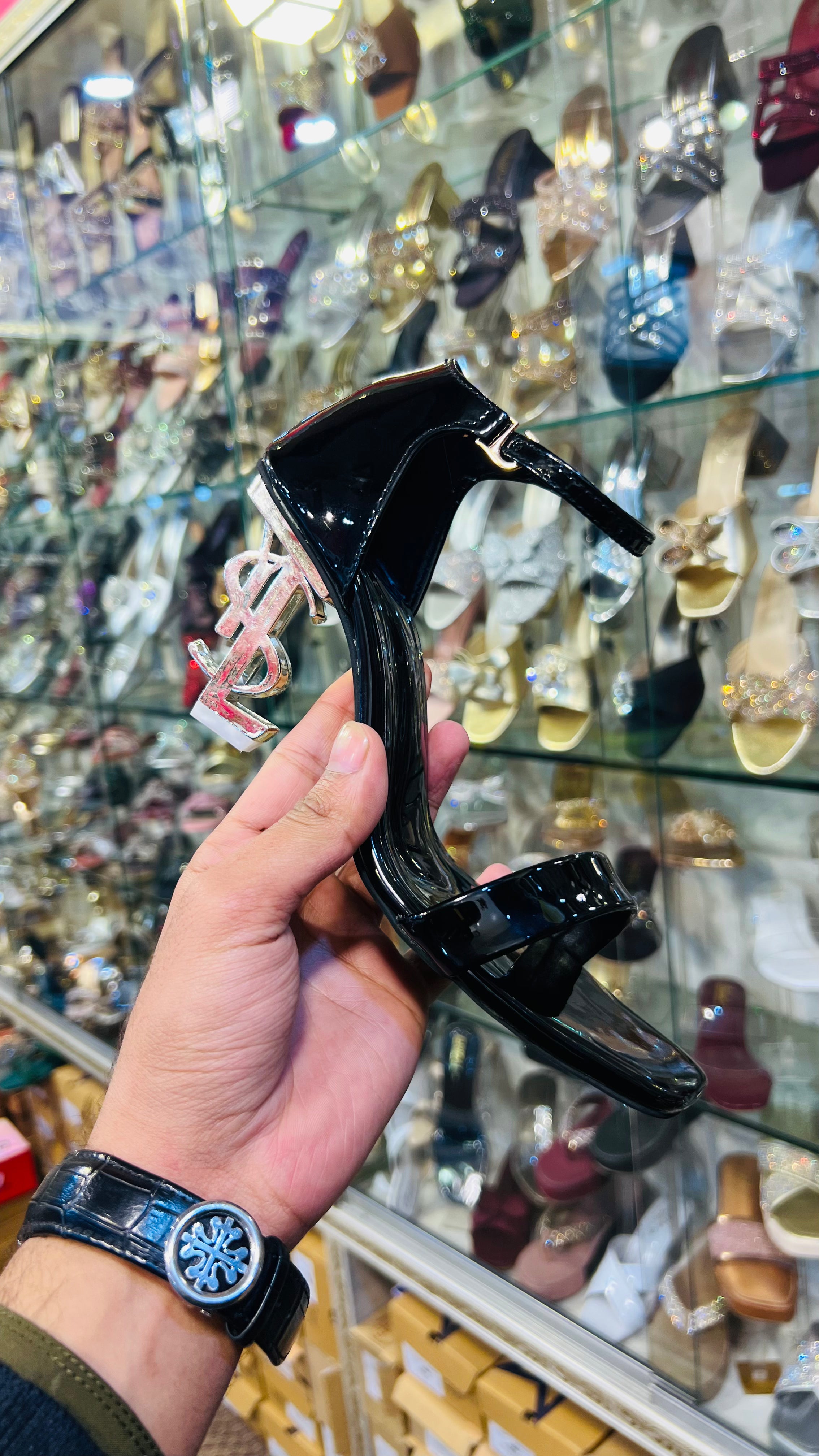 Luxe Monogram Sculptural Heel Sandals in Glossy Black - CS101